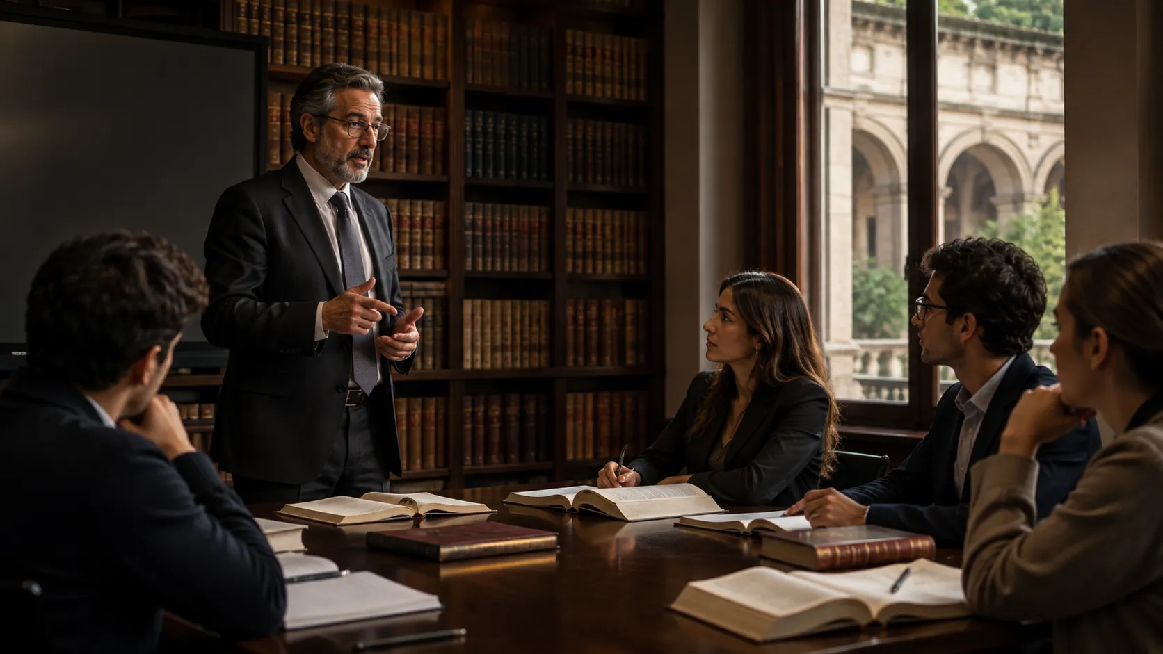 Clase de derecho e investigación en una biblioteca jurídica